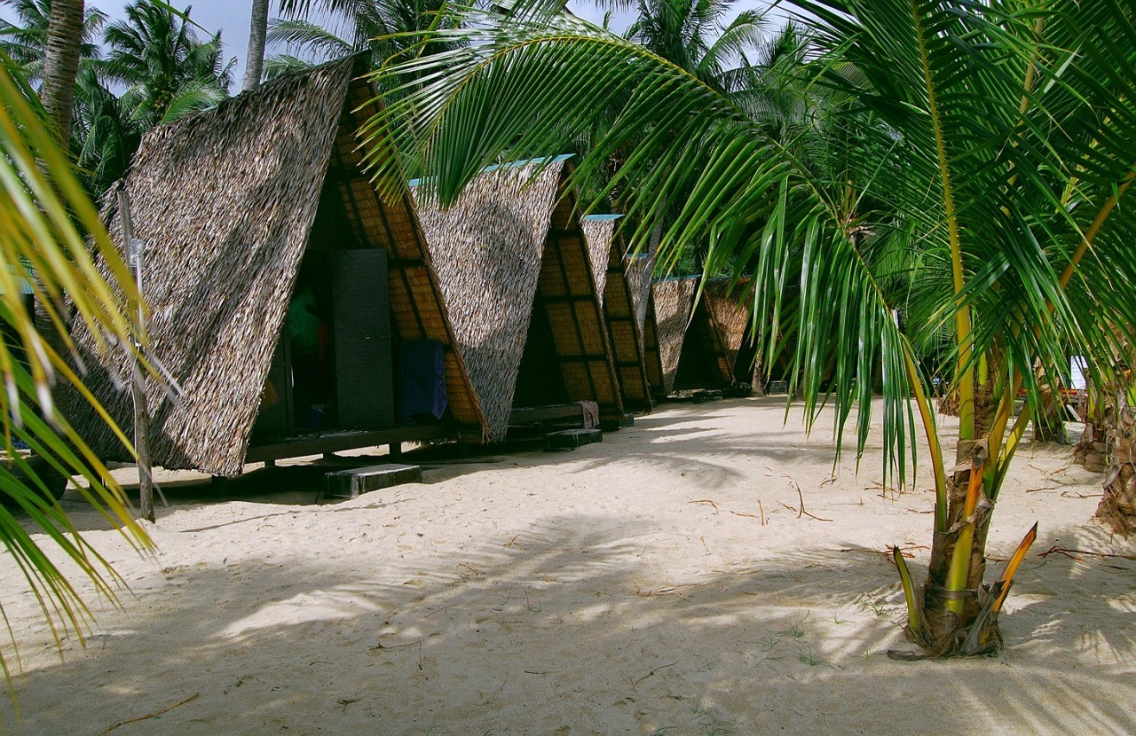 Пальмовые бунгало на берегу моря на острове Самуи.
