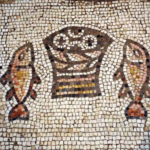 Мозаическое панно на полу перед алтарём в Храме Умножения Хлебов и Рыб.