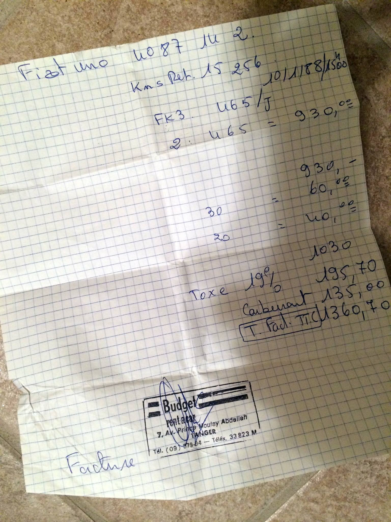 My handwritten rental receipt for my Fiat Uno!