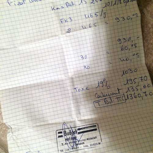 My handwritten rental receipt for my Fiat Uno!