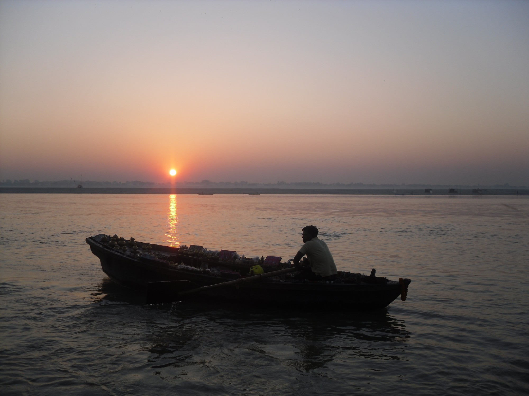 On a boat to watch the sunrise over the River Ganges, Varanasi, India 