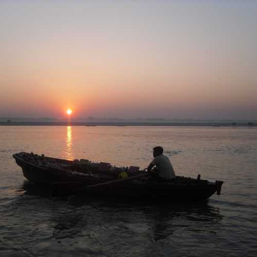 On a boat to watch the sunrise over the River Ganges, Varanasi, India 