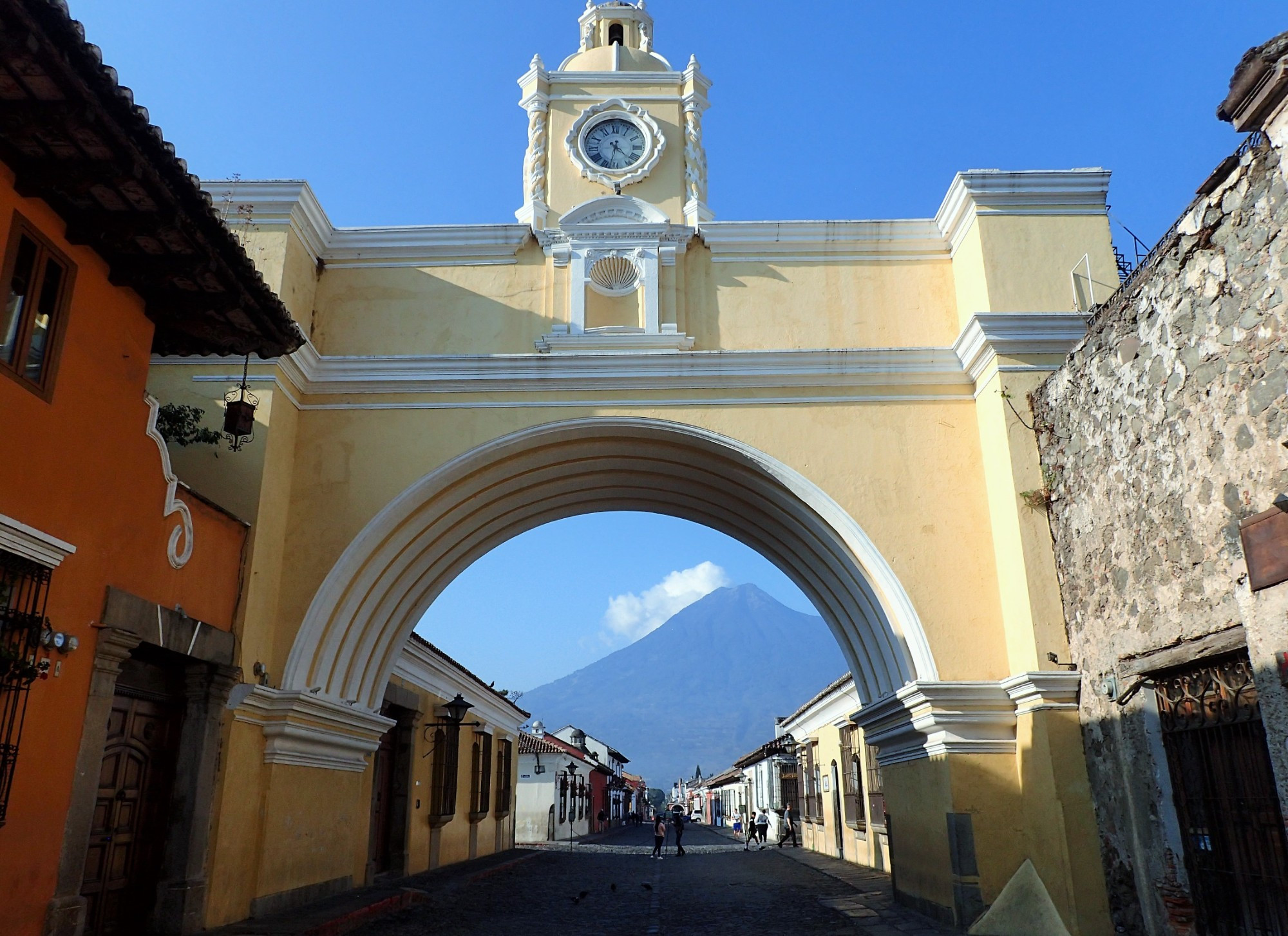 View of Volcano of Agua framed by the colonial city of Antigua Guatemala, in Guatemala