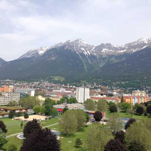 View of Innsbruck from the top of Ramada Innsbruck Tivoli Hotel.