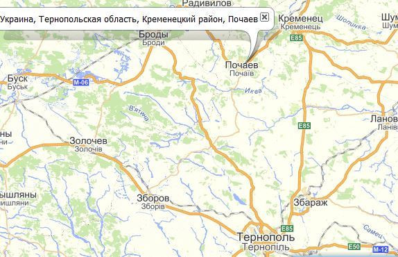 Карта автодорожного сообщения по направлению Тернополь — Почаев