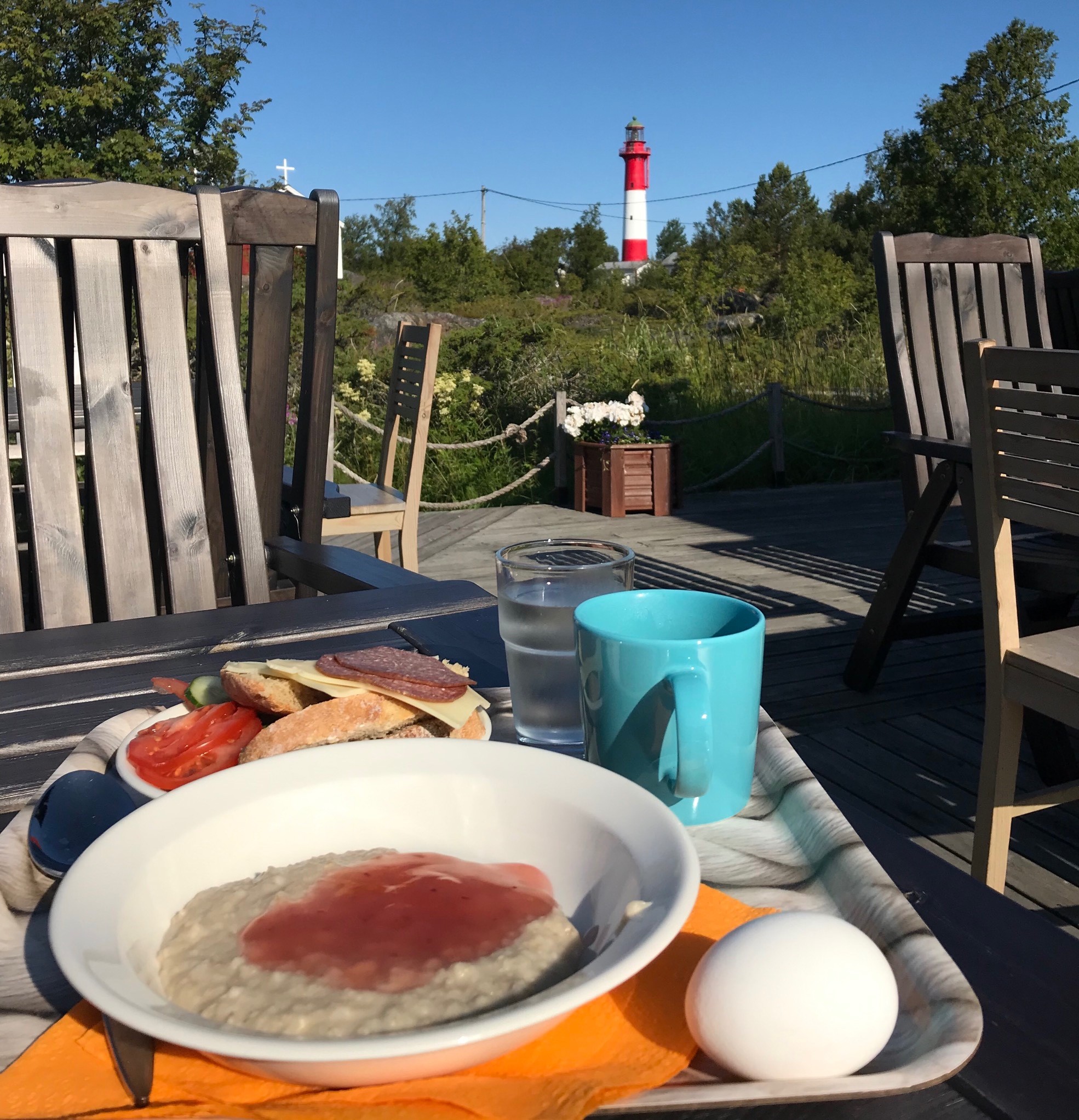 Outdoor breakfast at lighthouse island of Tankar in archipelago, Kokkola
