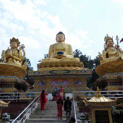 Amitaba Buddha Centre flanked by Avalokiteshvara at left side and Padmasambhava ( Guru Rinpoche) at right side.