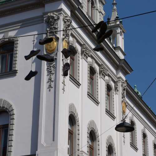 Shoes hanging from telephone wires