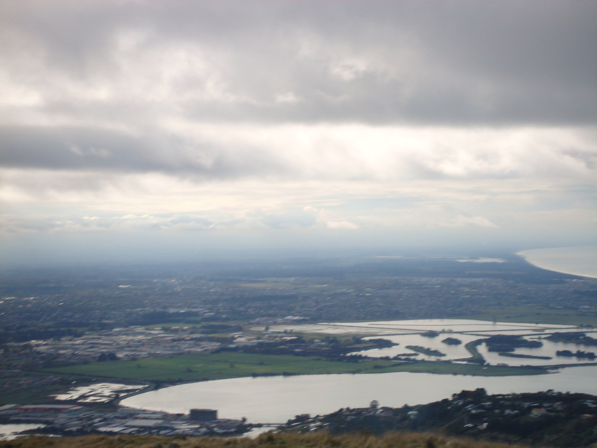 Aerial landscape view of Christchurch Canterbury plains and pegasus bay