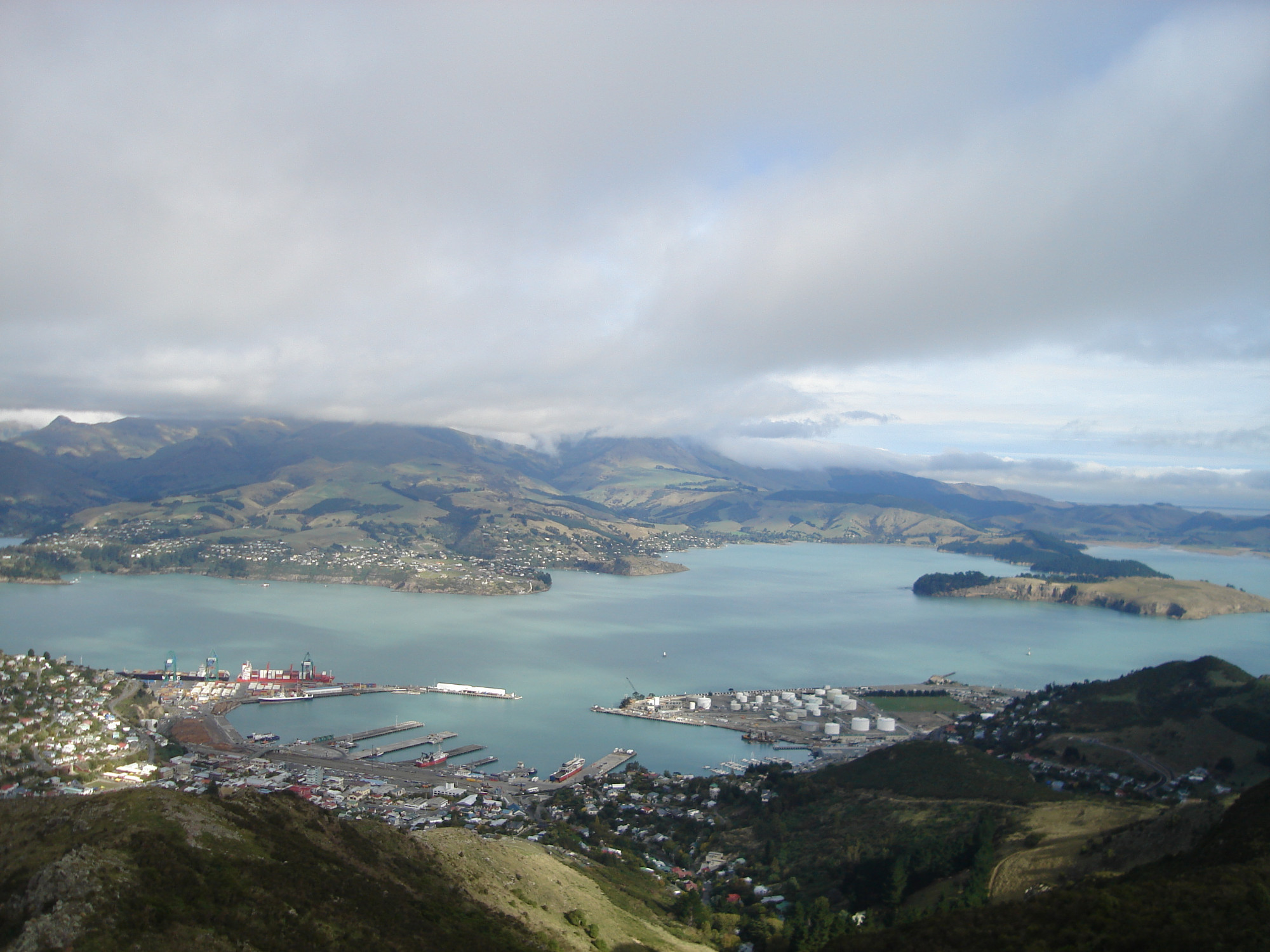 view of Lyttelton Port and Harbour from the Christchurch Gondola Station at the top of the Port Hills, 