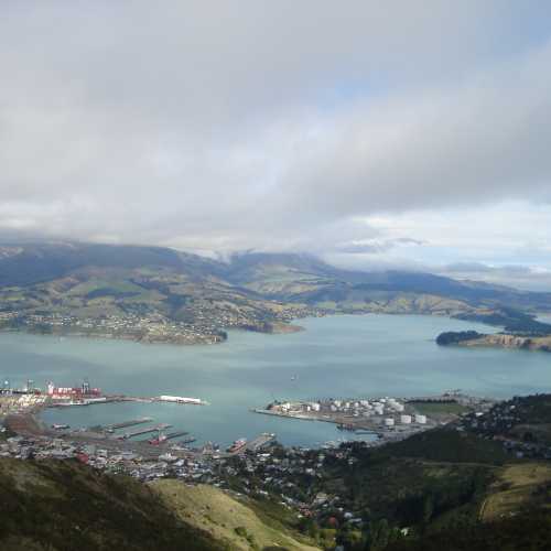 view of Lyttelton Port and Harbour from the Christchurch Gondola Station at the top of the Port Hills, 