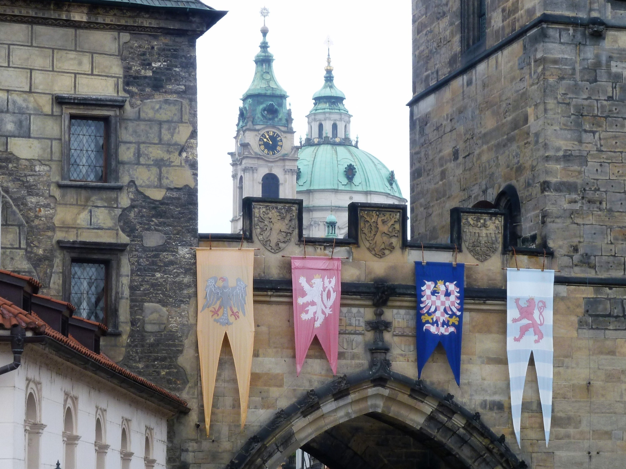 Flags Draped over entrance gate