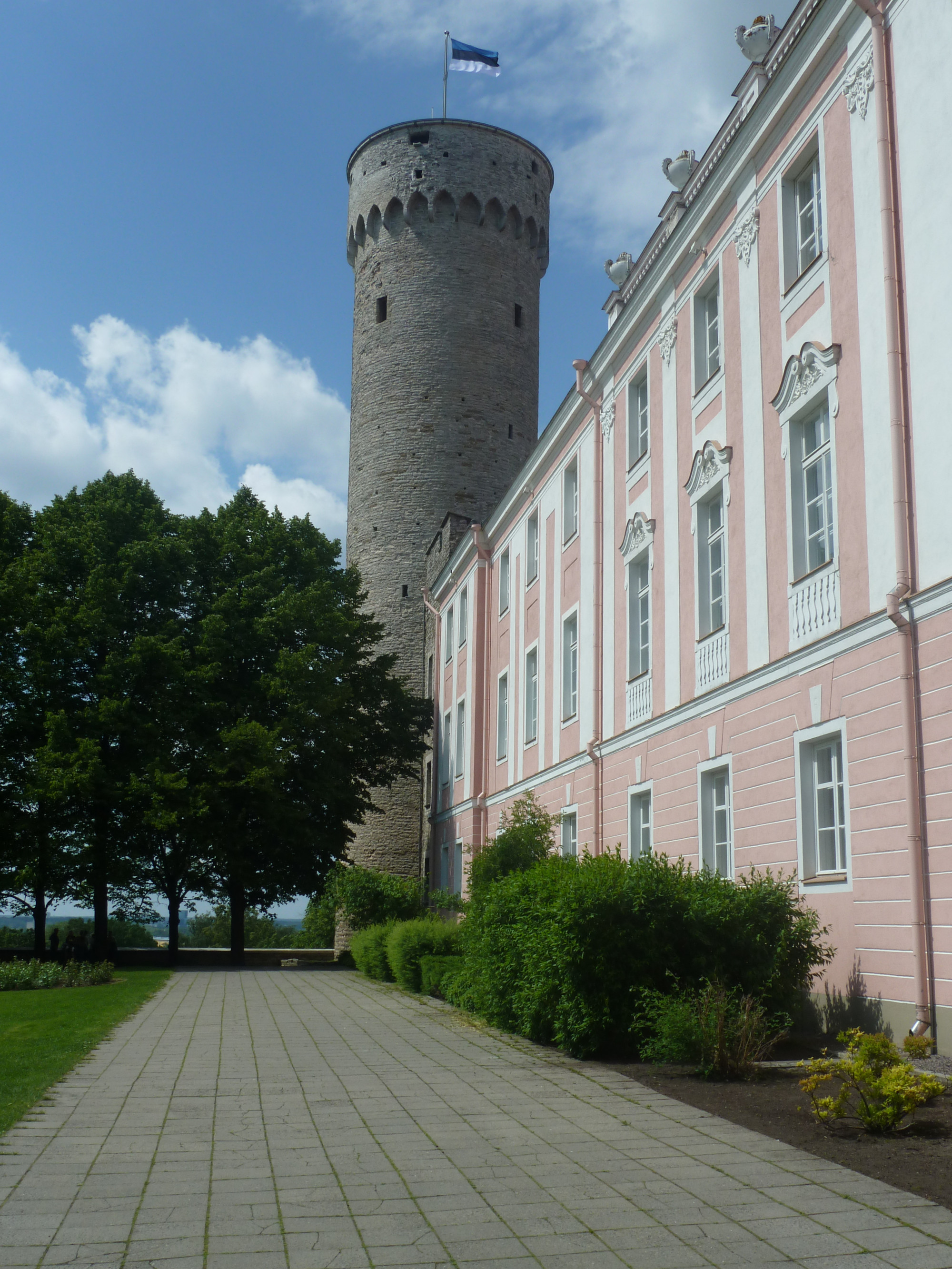 Tall Hermann Tower adjacent to pink Toompae Palace, home of the Estonian parliament