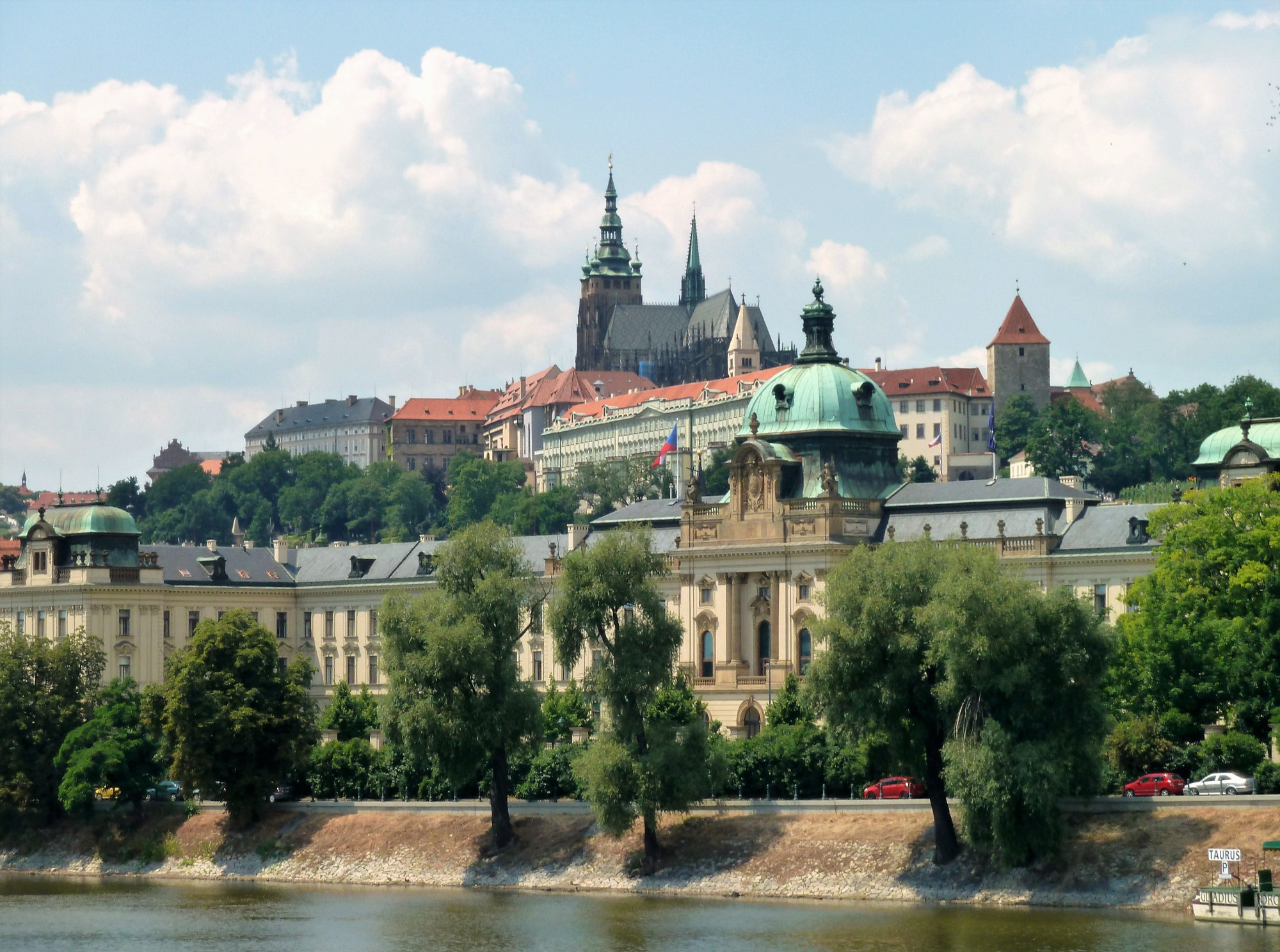 View up to Prague castle from riverbank