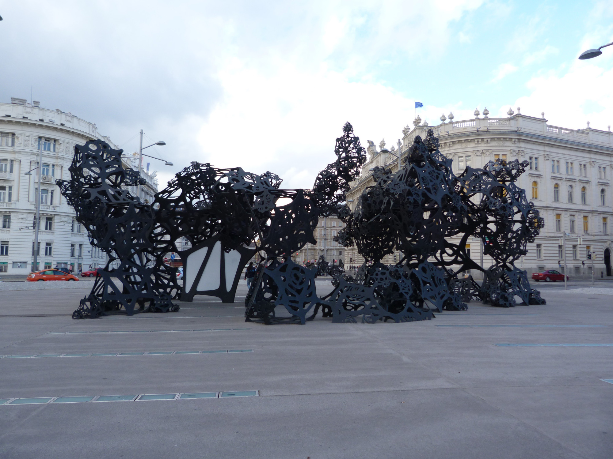 The Morning Line" noise sculpture on display in Schwarzenbergplatz,